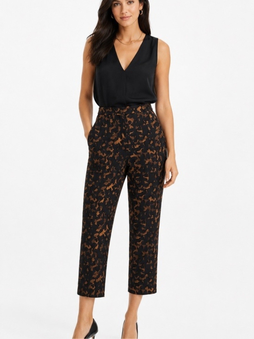 Theory Black Brown Cropped Pants with Abstract Print